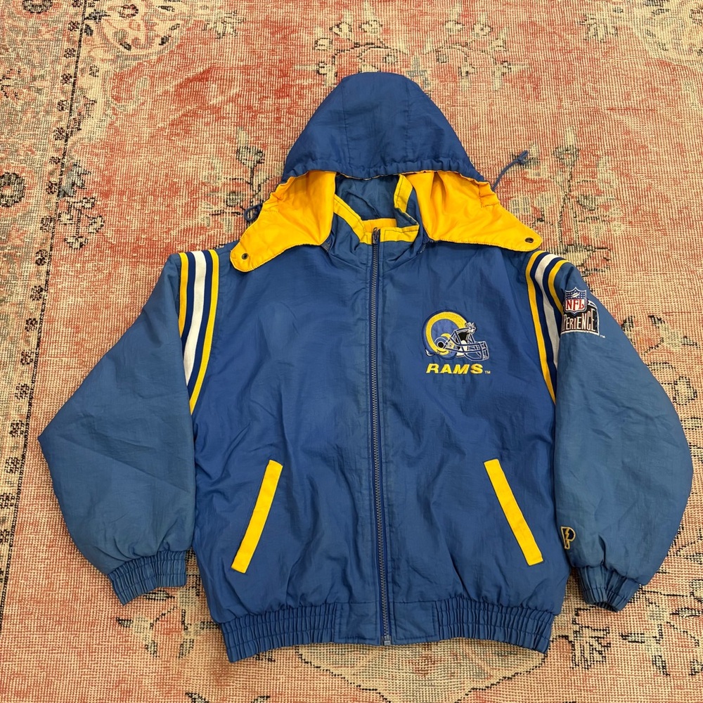 Vintage LA Rams Pro Player Jacket L NFL Experience Hooded Puffer Blue Yellow 90s